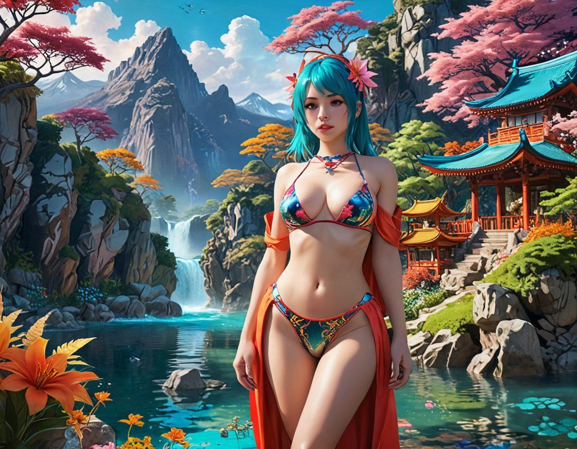 An imaginative scene depicting a vibrant and colorful world influenced by erotic anime themes. Include whimsical characters in playful poses, intricate backgrounds of fantasy landscapes, and hints of adult animation elements, evoking curiosity and allure. The atmosphere should balance sensuality with artistic expression, highlighting the unique culture of hentai. Bright, vivid colors and a slight touch of surrealism. 3D style.