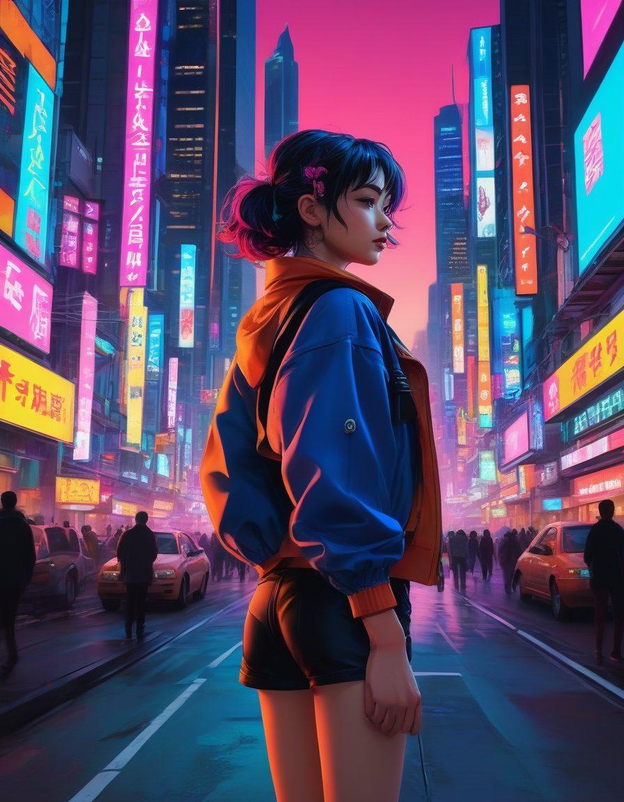 An animated scene showcasing a dynamic transition from traditional hand-drawn manga panels to vibrant digital animations, illustrating characters in motion. Include diverse adult characters engaged in storytelling, with a blend of classic and modern artistic styles. The background should depict a colorful cityscape that represents the evolution of animation tech. neon hues and a lively atmosphere. cyberpunk. vibrant colors. dynamic composition.